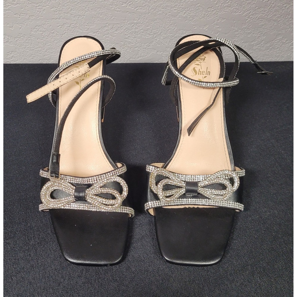 Sheln Black Ankle Strap High Heel with Rhinestones Bow Women's 42 (10/11 US)